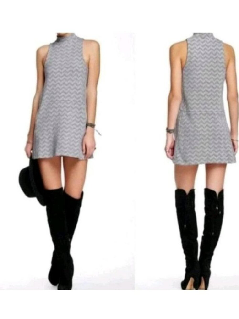 Free People Gray Chevron Pattern Sleeveless Mock Neck Dress With Pockets Size M